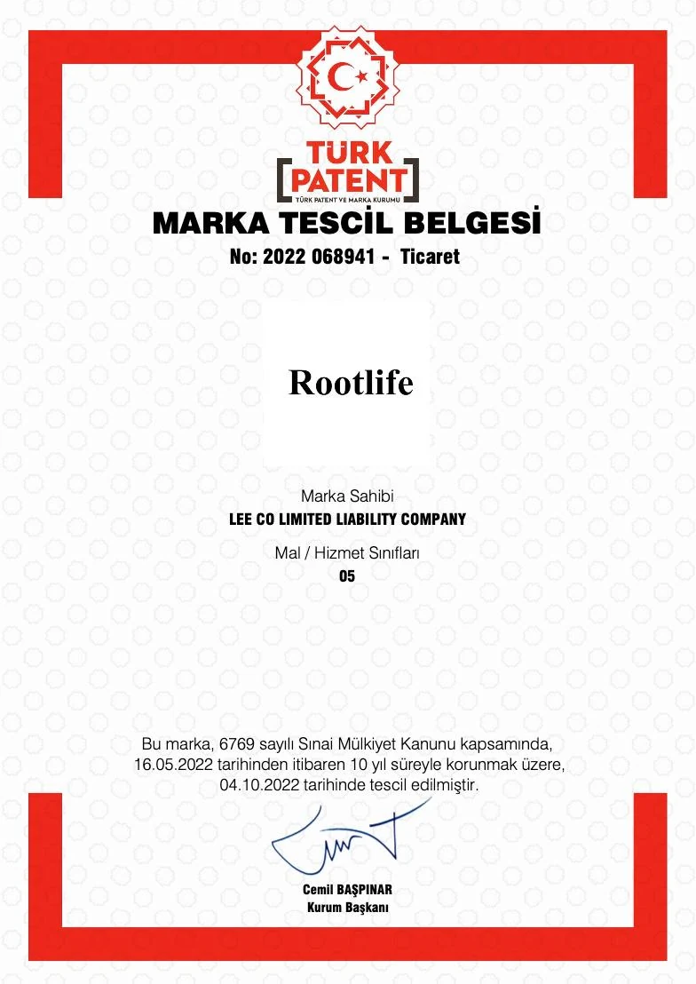 Beverlee Türkiye Marka Rootlife marka tescil belgesi